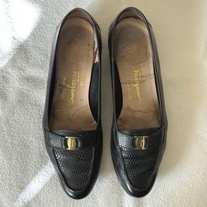Vintage Salvatore Ferragamo low heel loafer with vintage logo ornament.